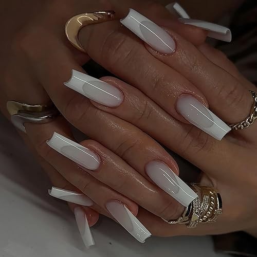 Uñas postizas extralargas a presión, color blanco, uñas a presión para mujeres con diseños de punta francesa, uñas acrílicas a presión, cobertura disponible en Yaxa Peru