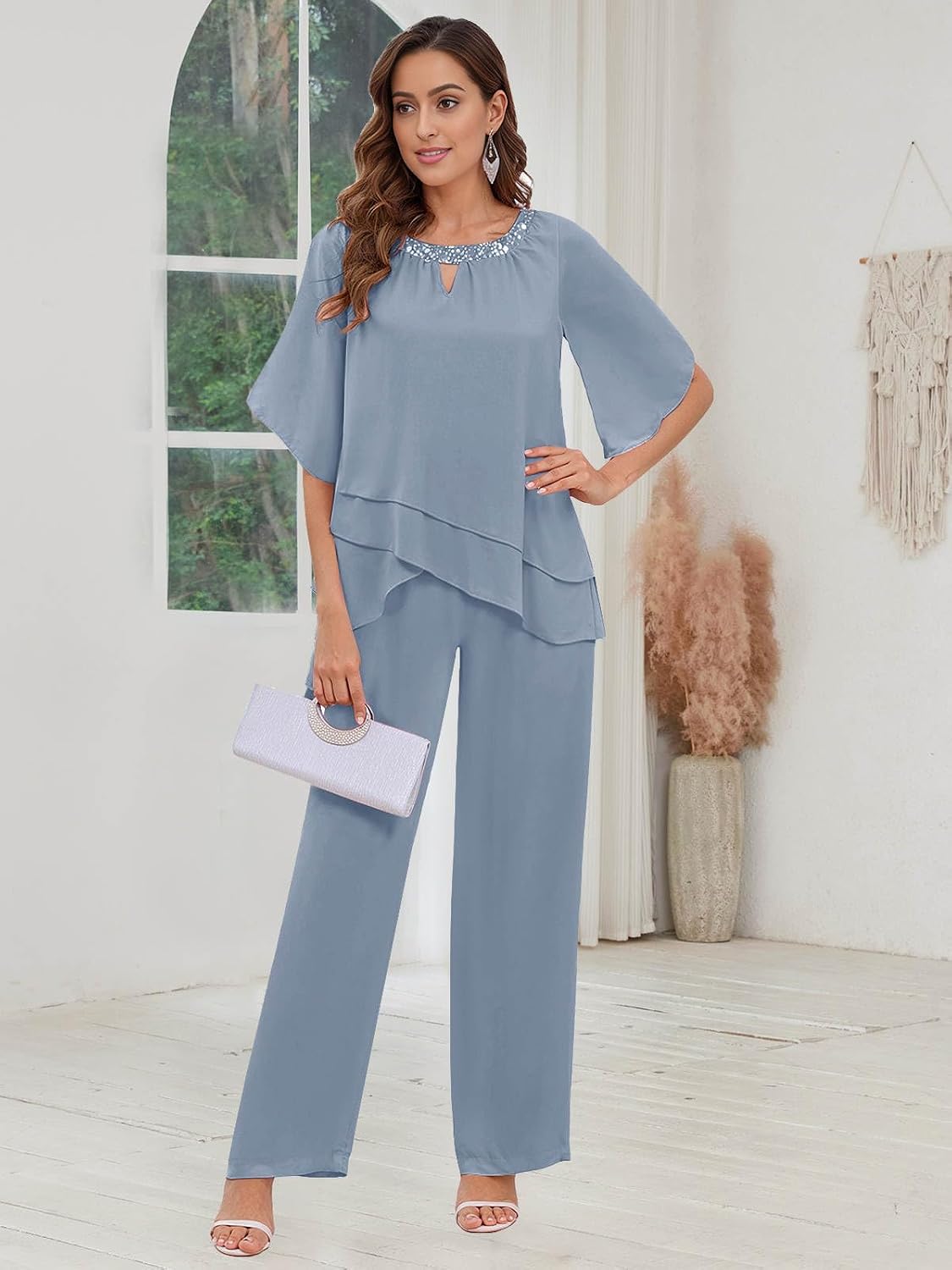 2 Pieces Mother of The Bride Pant Suits for Women Dressy Chiffon Sets Formal Wedding Guest Outfit with Sleeves