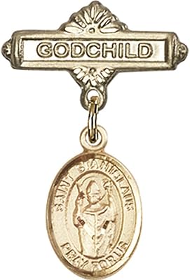 Gold Filled Baby Badge with St. Stanislaus Charm and Godchild Badge Pin 1 X 5/8 inches