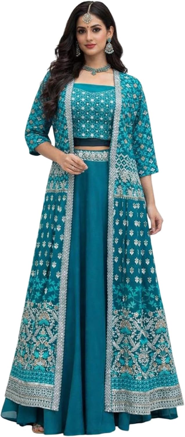 Teal Green Embroidered Jacket Lehenga Set with Long Coat, Traditional Indian Ethnic Wear,