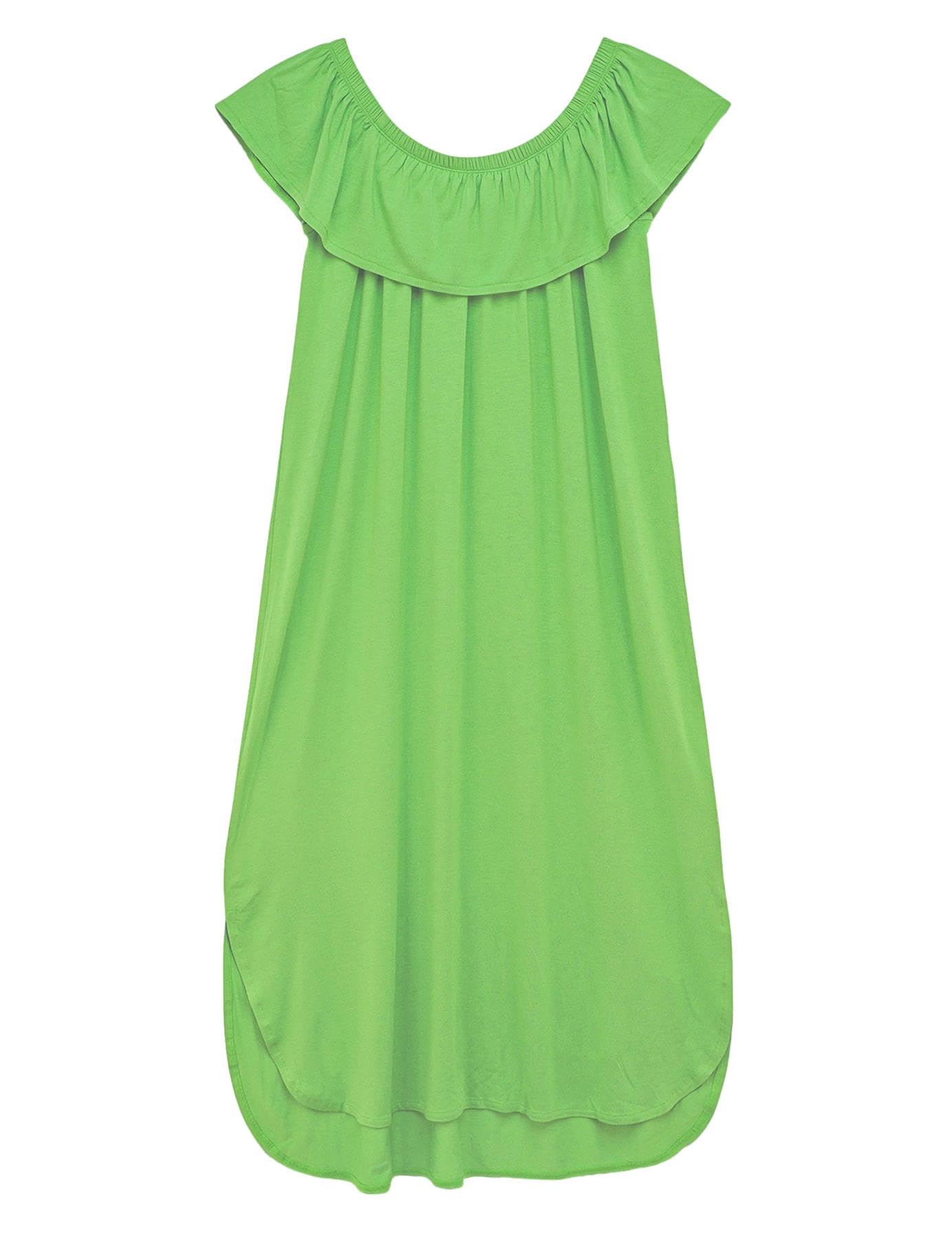 Enorsia Women’s Off Shoulder Ruffle Jersey Midi Dress – Elegant Bardot Style with Chest Frills, Side Slit & Curve Hem – Soft Stretch Viscose Party, Holiday & Casual Outfit in Green, 18