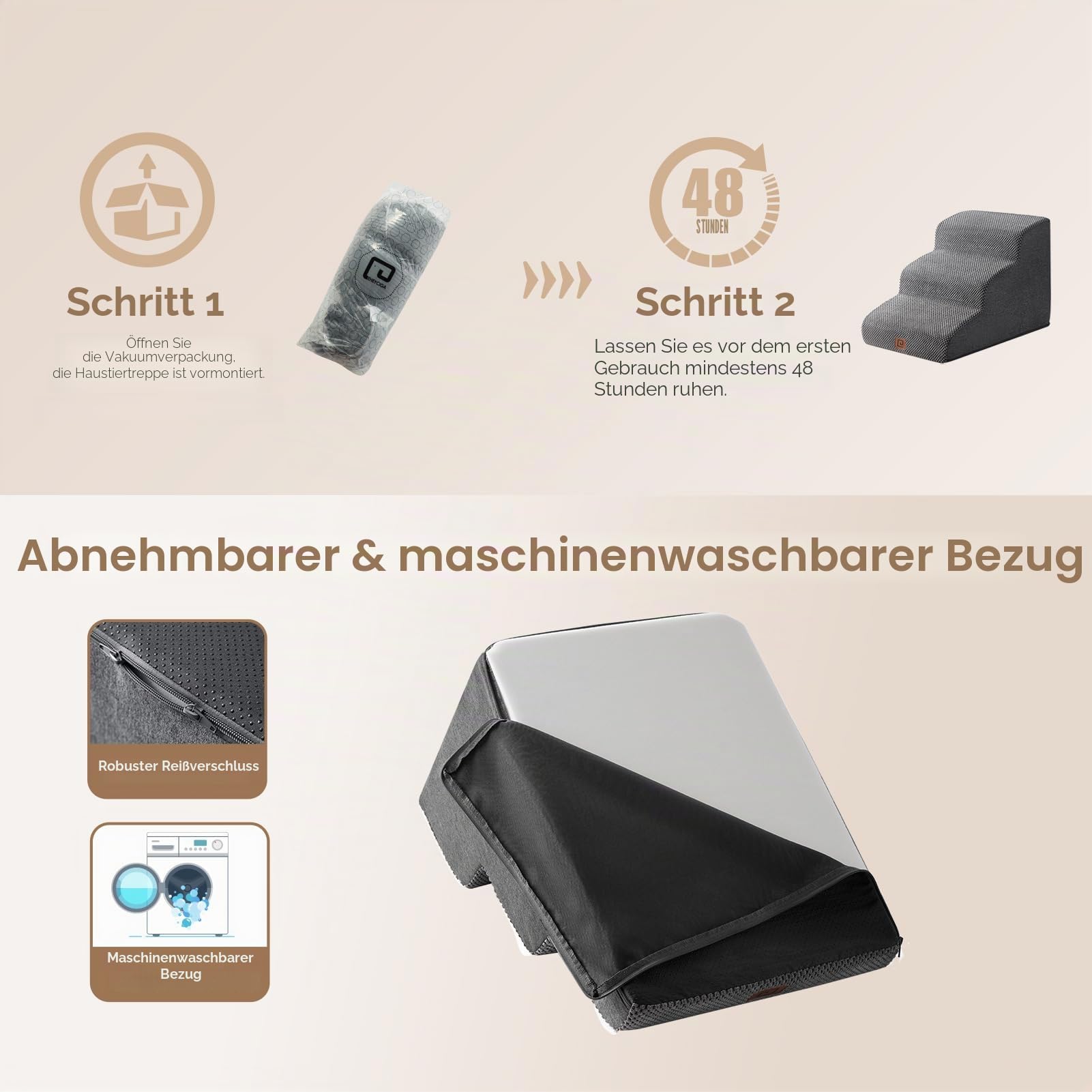 EHEYCIGA Hundetreppe für Kleine Hunde 40 cm Hoch, Haustiertreppe für Sofa Bett, Treppe für Hunde aus Hochdichtem Schwamm, Hunderampe mit Waschbarem Bezug und Rutschfestem Boden, 3 Stufen, Grau