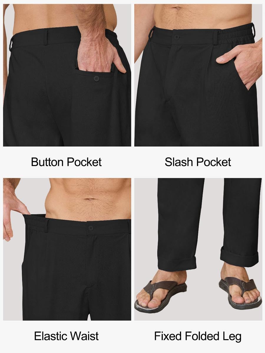 Yutdeng Pantalones Lino Hombre Verano Pantalon Largo Pantalón Lino Algodón Ligeros con Bolsillos Cintura Elástica Pantalon Vestir Casual Anchos Pantalones de Verano Hombre Regular Fit