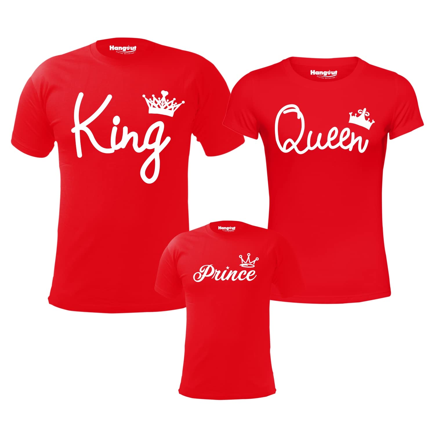 Hangout Hub HH45 Men Women Boy Cotton Regular Fit King Queen Prince Red Color-Set of 3 Family Matching Twinning Tshirts
