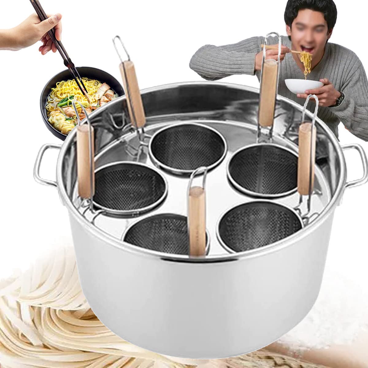 Juego de Olla para cocinar Pasta Comercial, Olla para Pasta Multifuncional con Divisor y colador, Olla de Acero Inoxidable o Cocina casera, Restaurante Comercial, 5 Agujeros