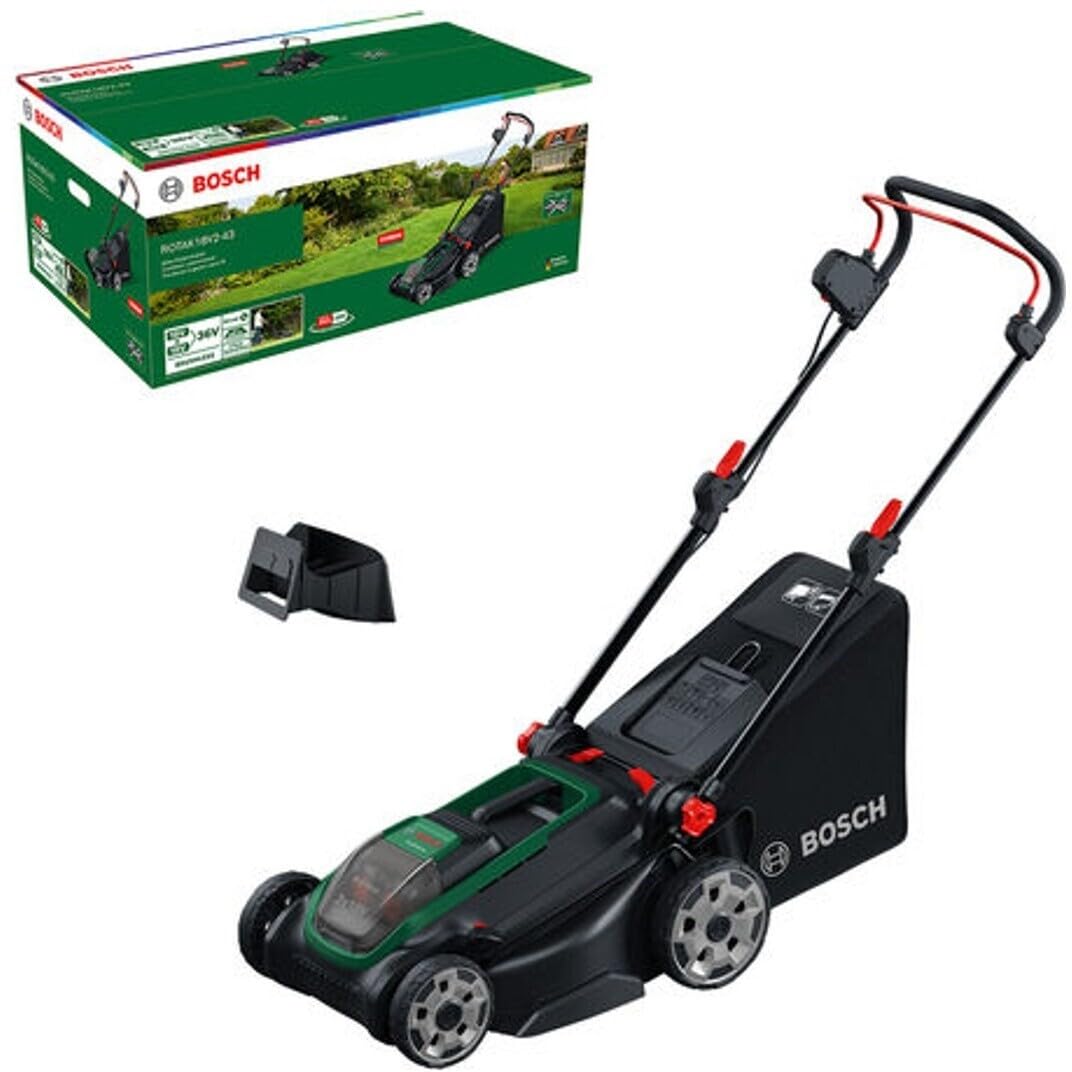 Bosch Cortacésped inalámbrico ROTAK18V2-43 (Ancho de Corte: 43 cm, Altura de Corte: 30-75 mm, Bolsa de césped de Tela de 40 l, Enchufe de mantillo, Incluye 2 baterías de 18 V y Cargador)