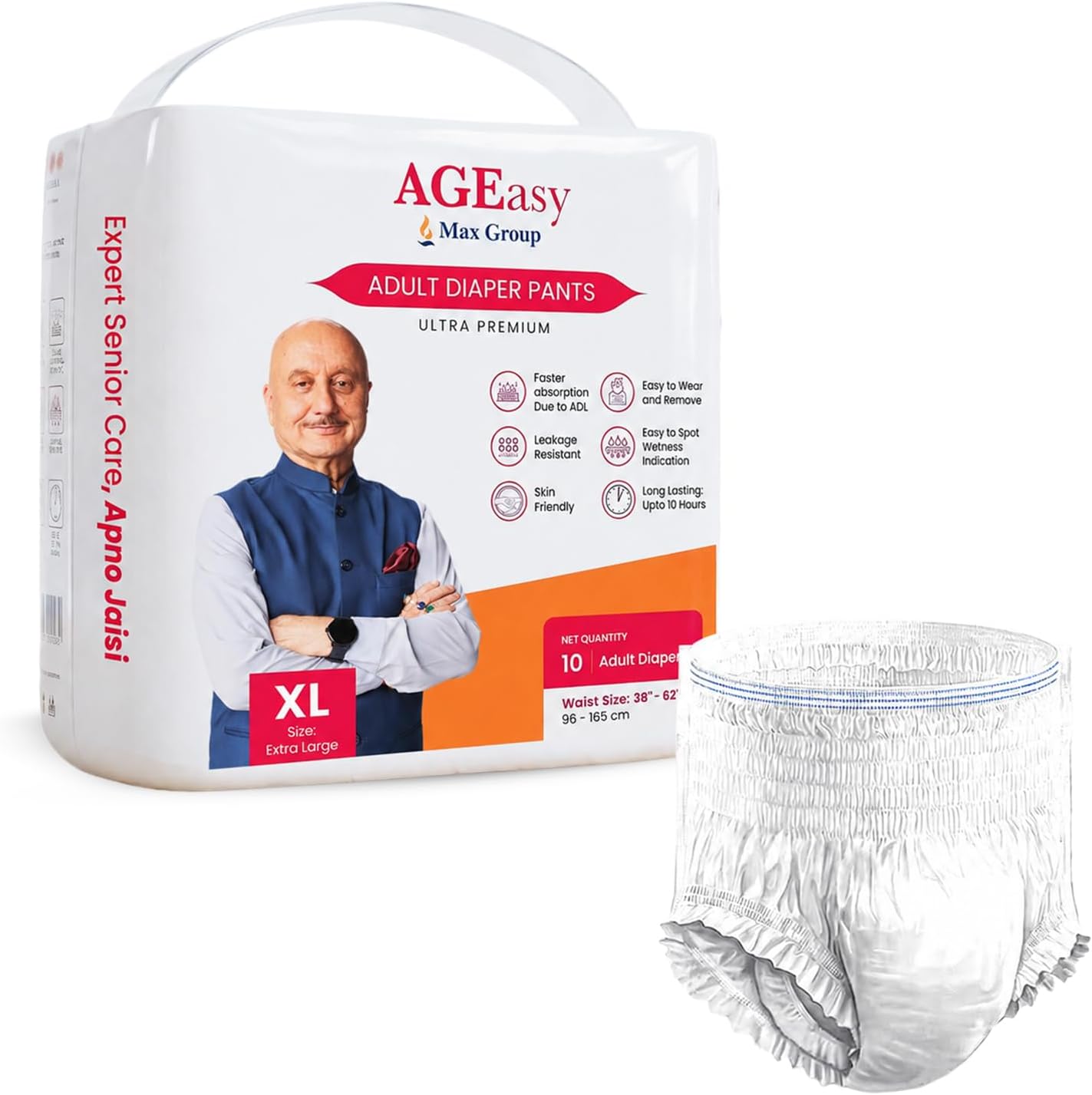 (Max Group) Unisex Adult Diaper Pants with Wetness Indicator | Odour Lock & Anti-Bacterial | Skin Friendly Pant Style Diapers for Easier Wearing & Removal | Pack of 1 (10 Count) (XL)