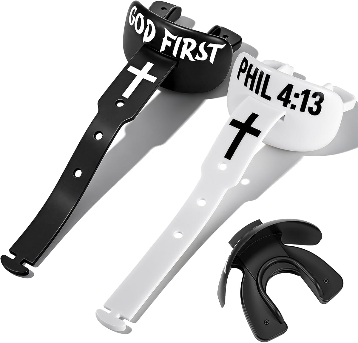 God First Philippians 4: 13 Protector bucal juvenil con correa conectada para adultos y jóvenes para fútbol Lacrosse MMA Boxing Brace Paquete de 2 protectores bucales de fútbol Faith Cross