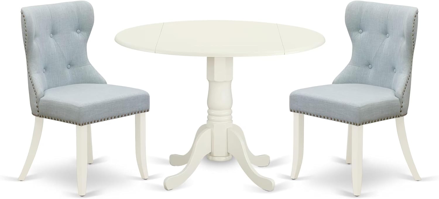 East West Furniture DLSI3-WHI-15 3 Piece Dining Room Furniture Set Contains a Round Dining Table with Dropleaf and 2 Baby Blue Linen Fabric Upholstered Chairs, 42x42 Inch, Linen White