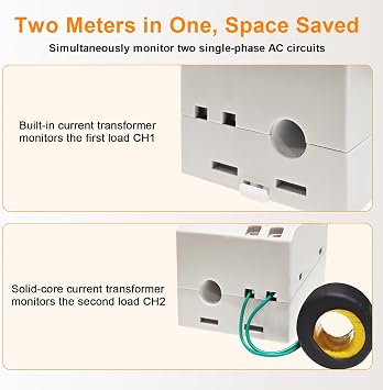 KETOTEK Energy Meter Din Rail, Dual-Channel, Electricity Usage Monitor AC 40-300V, Single Phase Electric kWh Submeter with 2 x 100A CT
