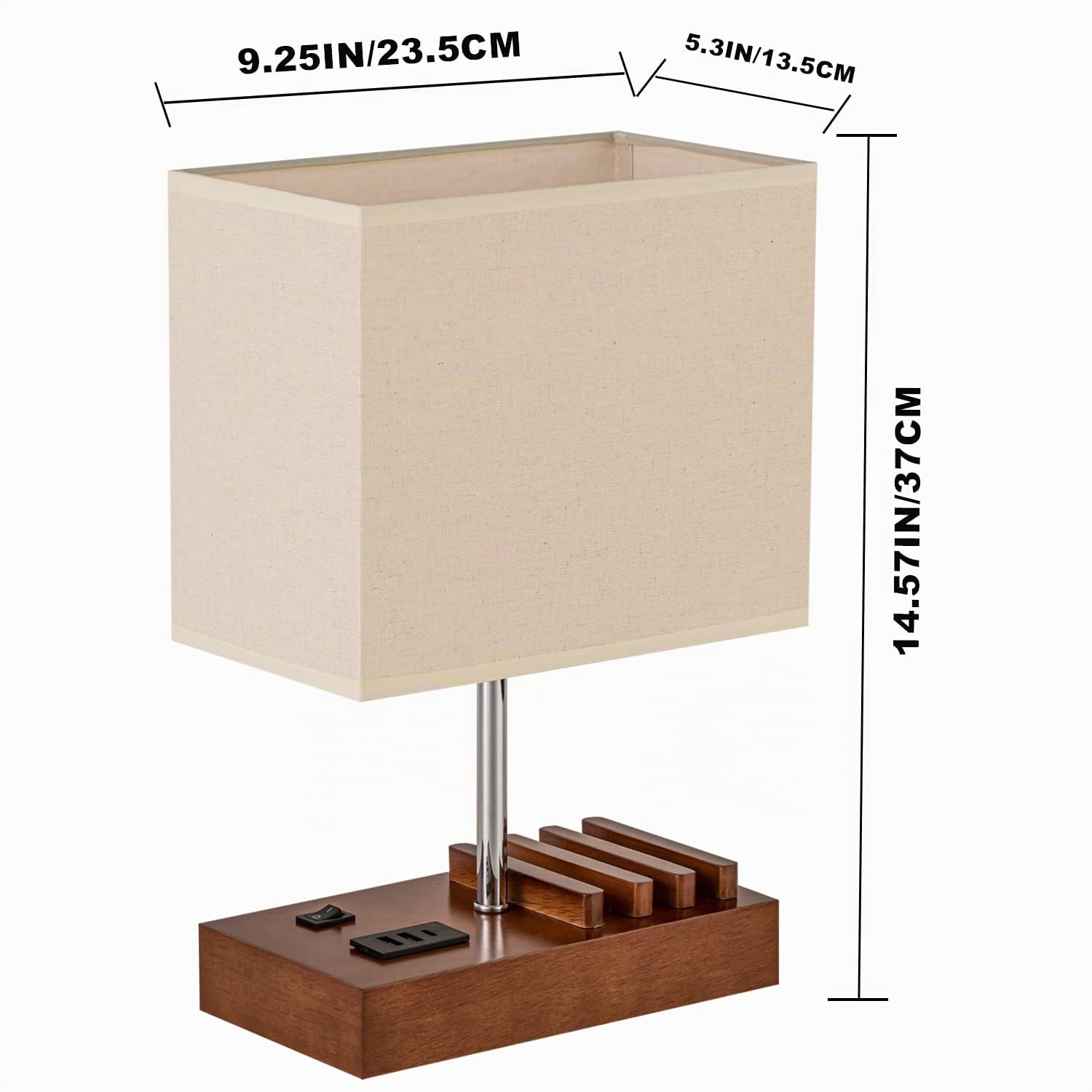 Dreamholder Lampada da tavolo con 3 porte USB A+C, 3 supporti per telefono, moderna lampada da comodino USB per camera da letto, soggiorno, ufficio, lampada da comodino con base in noce e paralume in