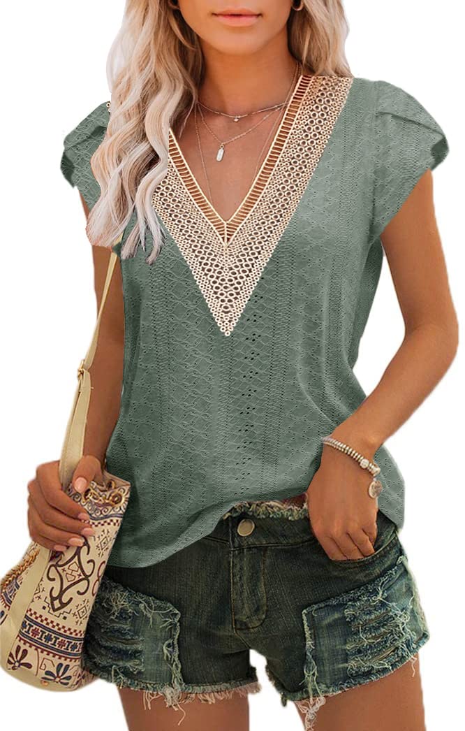 SAUKOLEWomens Summer Tops Casual Country V Neck Lace Tee Shirts Petal Sleeve Fashion Loose Fit Blouse
