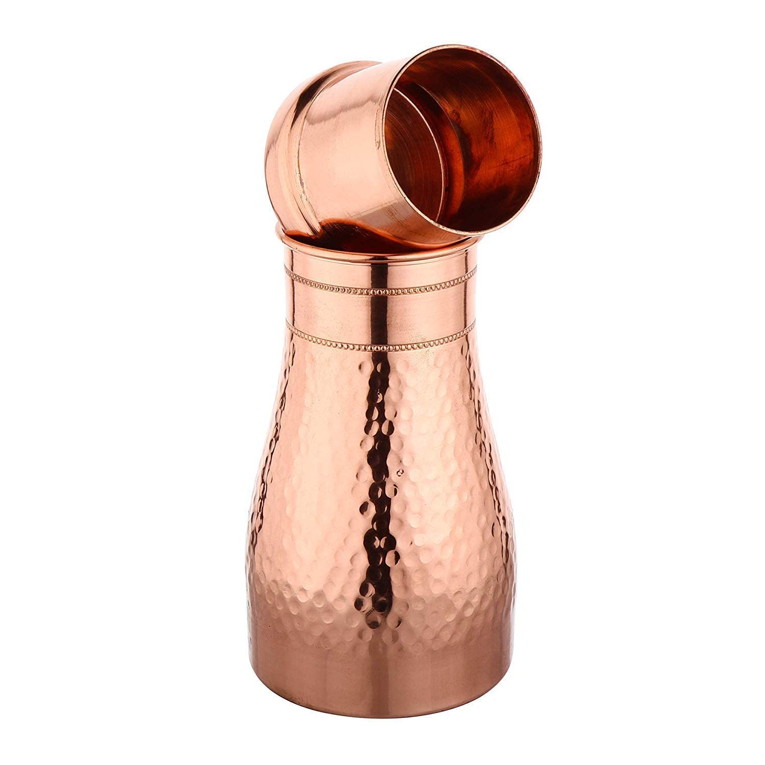 AZMIQ - Botella de agua de cobre puro con vaso y tapa, 950 ml, juego de jarra de cobre martillado, jarra de agua de cobre de diseño para agua potable, almacenamiento de agua ayurvédica para el hogar