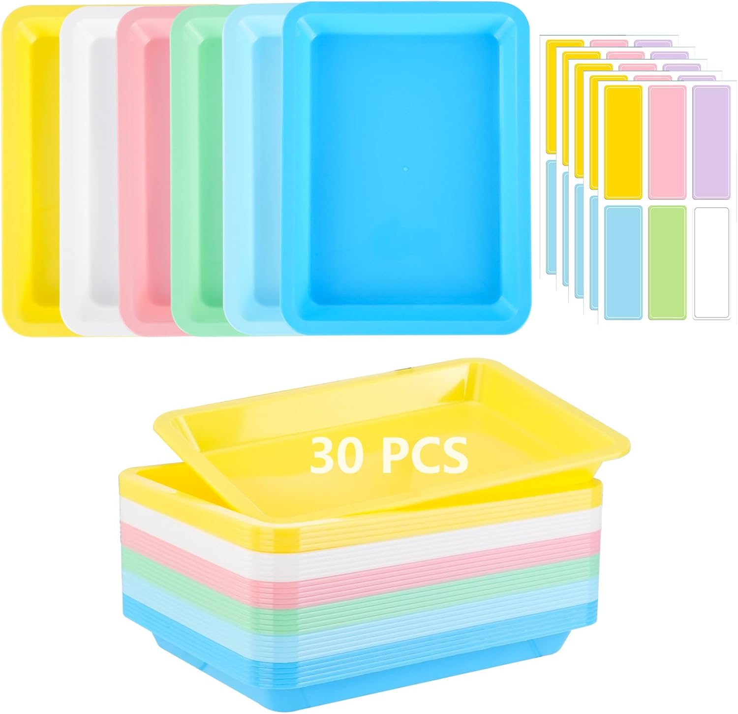 WCHOSOZH 30Pcs Plastic Art Trays, 6 Colors Activity Craft Sand Trays with Labels, Stackable Storage Tray Serving Organizer for DIY Bead Painting Projects, Storage Organizer for Classroom, 9.6 x 7.3 In