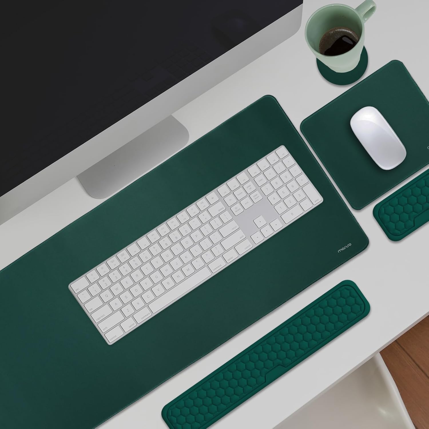 MOSISO Large Gaming Mouse Pad&Massage Keyboard Wrist Rest&Mousepad&Wrist Rest&Coaster,Ergonomic Non-Slip Base Pad Set&Pain Relief Easy Typing Cushion with Memory Foam for Home Office, Peacock Green