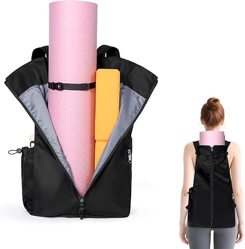 WOMACO Bolsa para esterilla de yoga, portador de bloques de yogamat ajustable con correas de mochila y bolsillos laterales, mochila de yoga de