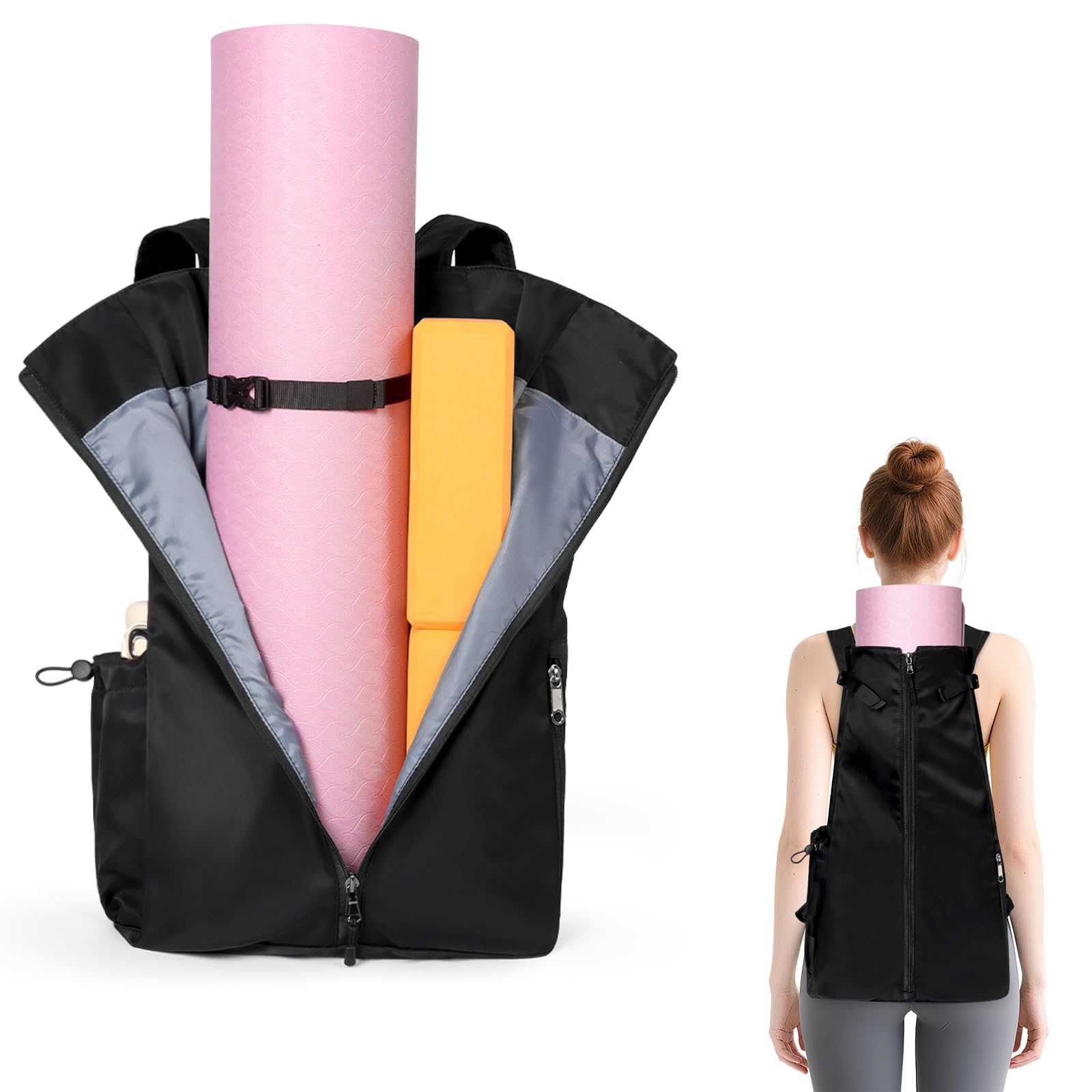 WOMACO Yoga Mat Bag, Adjustable Yogamat Blocks Carrier with Backpack Straps and Side Pockets, Top-Opening Yoga Backpack for Yoga Accessories (Black)