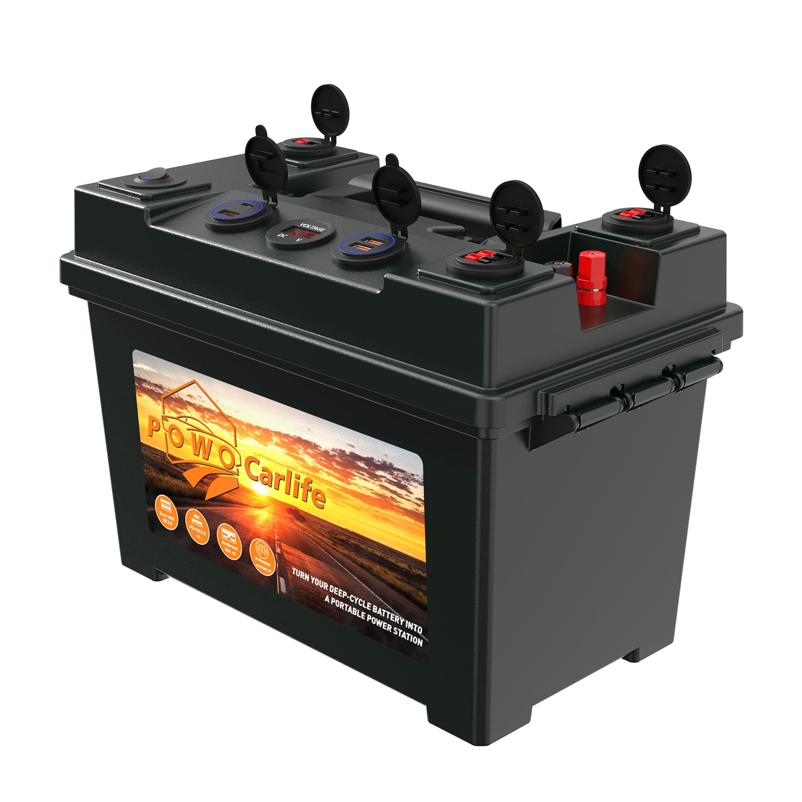 Caja de batería inteligente portátil con motor de arrastre de 12 V – con puerto QC3.0/PD tipo C/enchufe Anderson/voltímetro digital, centro de energía para RV panel solar barco
