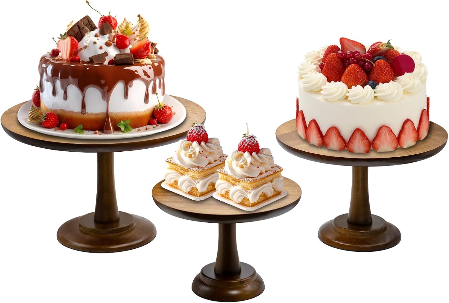 3 Pcs Acacia Wood Cake Stand Set, 12 Inch Round Wooden Wedding Cake Stand for Festive Dessert Display, Cake Display Stand for Wedding, Party, Birthday, Catering Supplies Buffet Display