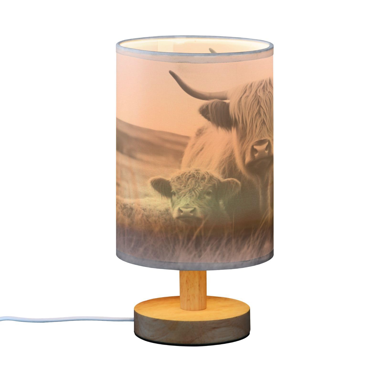 SDMKA Highland Cattle Bedside Table Lamp for Bedroom, Minimalist Nightstand Lamp with Round Fabric Shade for Living Room, Office, No Bulb Required