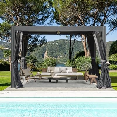 Domi Outdoor Pergola 10' x 13' Aluminum Louvered Pergola with Adjustable Roof and Mosquito Netting for Patio, Backyard, Deck, Garden, Lawns (Gray)
