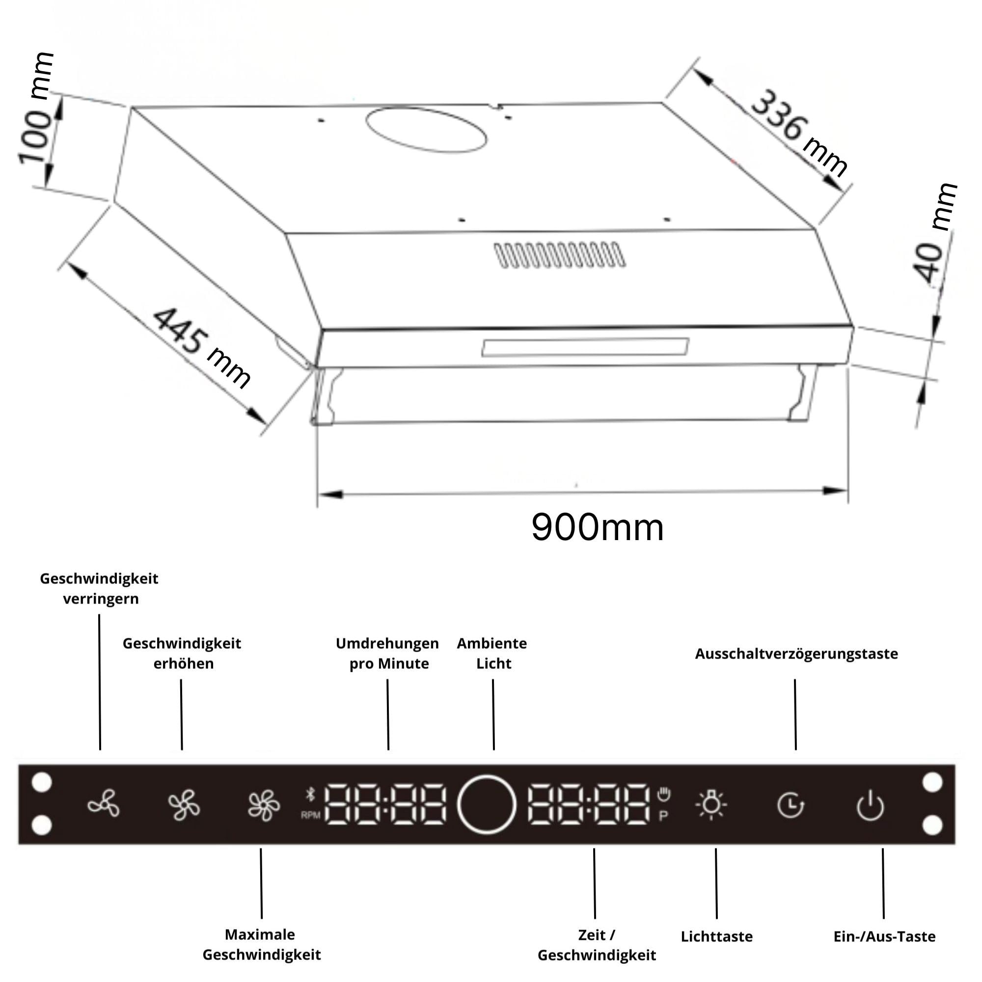 Dunstabzugshaube 90cm Umluft Abluft 650m³/h starke Saugleistung Doppelter Motor Touch-Gestensteuerung