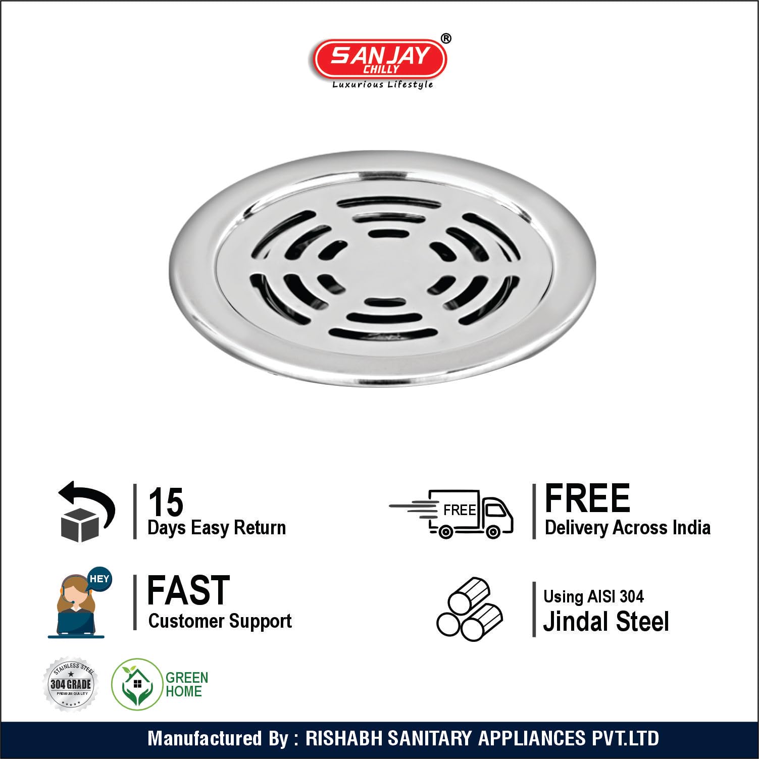 Sanjay Chilly Round Ringo Floor Drain Cover Jali 5 INCH for Bathroom 304 Grade Waste Water Drainer Washbasin Sink Bathtub Laundry Safety from Cockroach & Insects (Round Ringo Silver) 3