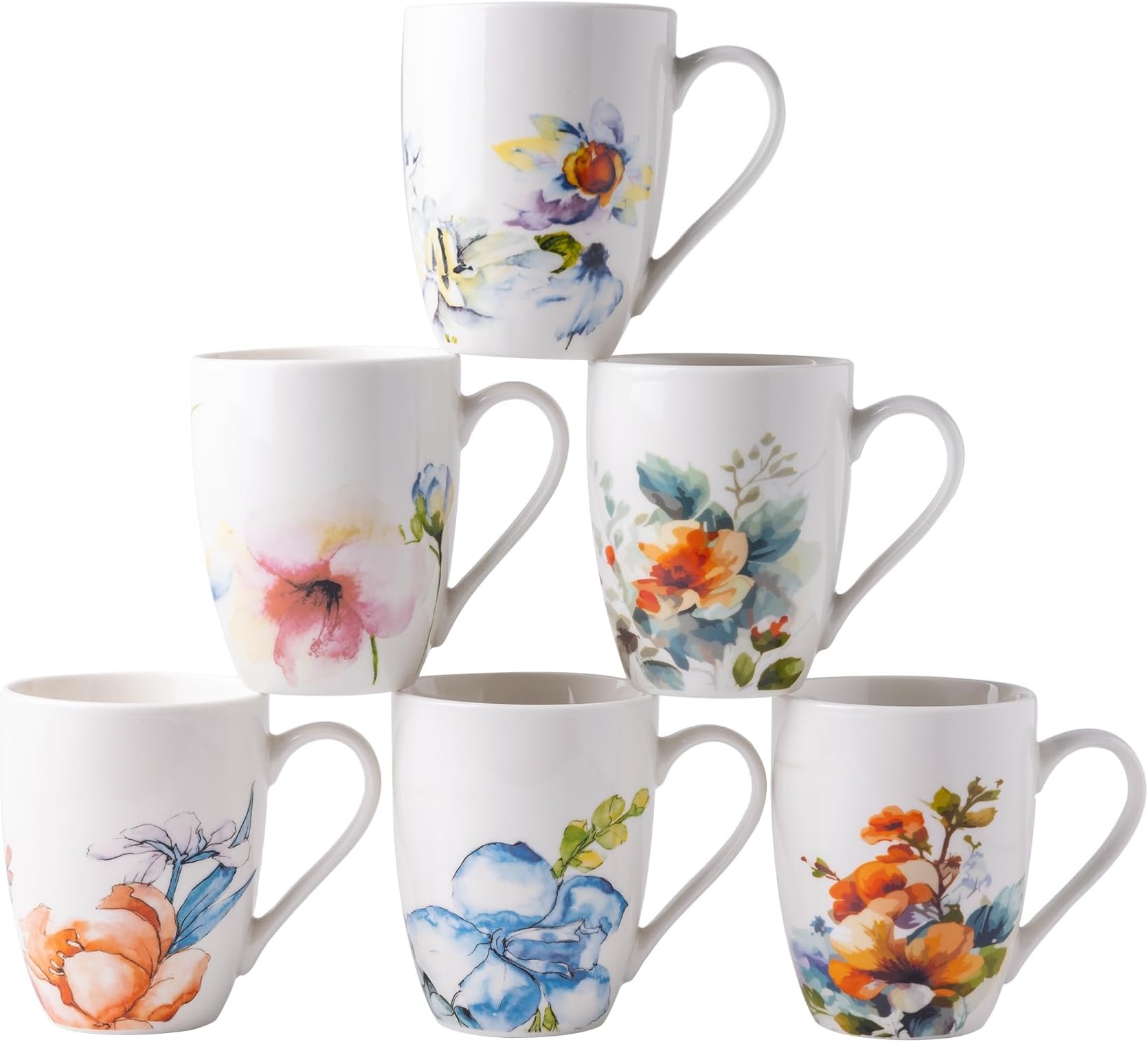 GBhome 12oz Coffee Mugs Set fo 6, Ceramic Coffee Mugs with Decaled Flowers for Man Woman Mom Dad, Light Weight Coffee Mugs Set for Latte/Cappuccino/Cocoa/Milk, Dishwasher & Microwave Safe