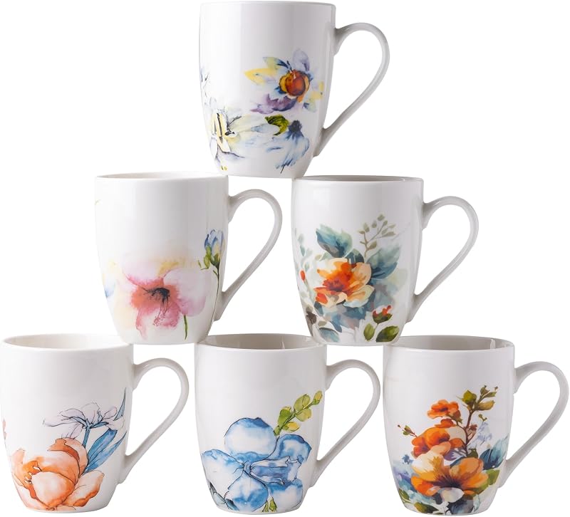 GBhome Floral Coffee Mugs Set of 6, 12 oz Ceramic Coffee Cups Set | Classic COffee Mugs for Home,Office&Restaurant,Tea/Espresso/Cappuccino. Dishwasher&Microwave Safe