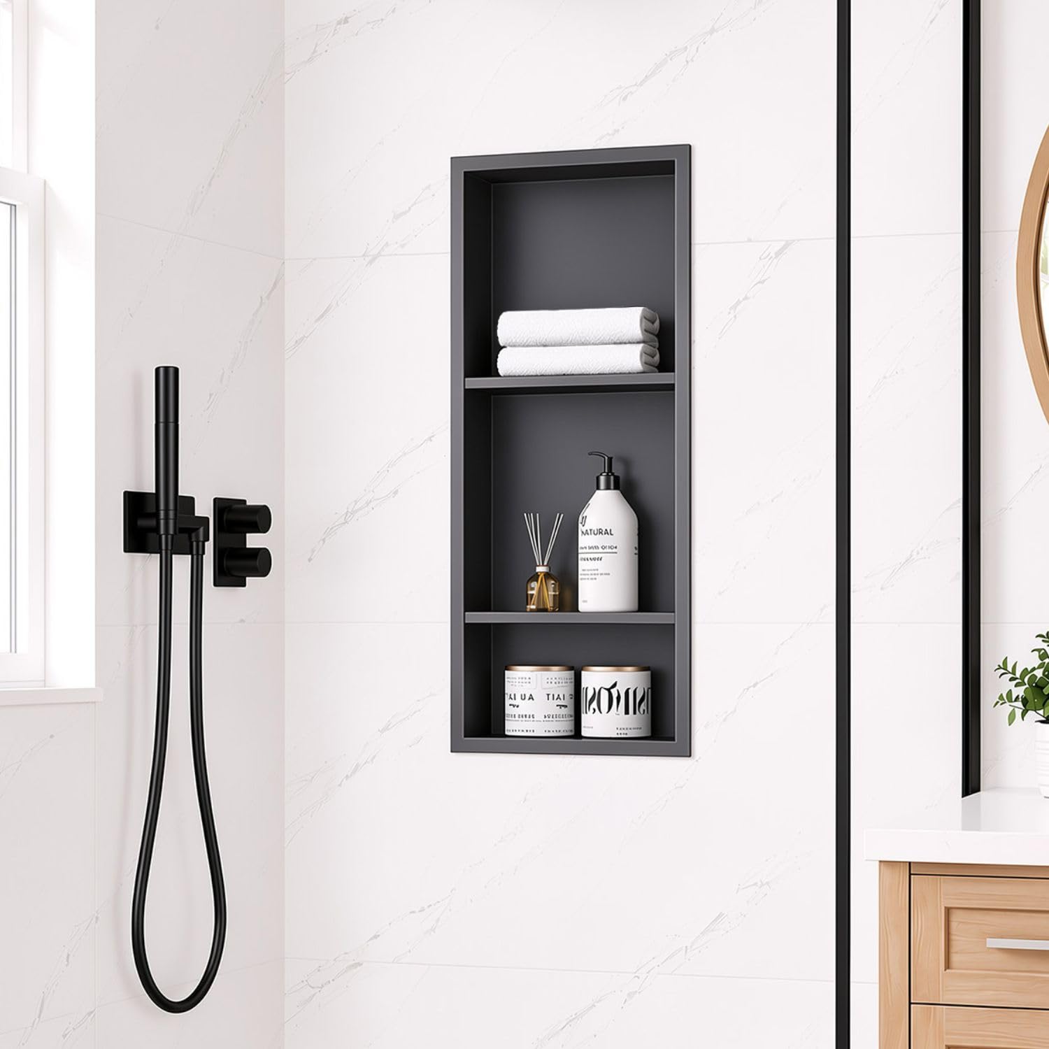 30 x 12 Inch Stainless Steel Shower Niche, No Tile Needed Wall Niche with 3- Tier Shelves, Recessed Wall Niche Insert for Bathroom Shower Kitchen Storage, Matte Black