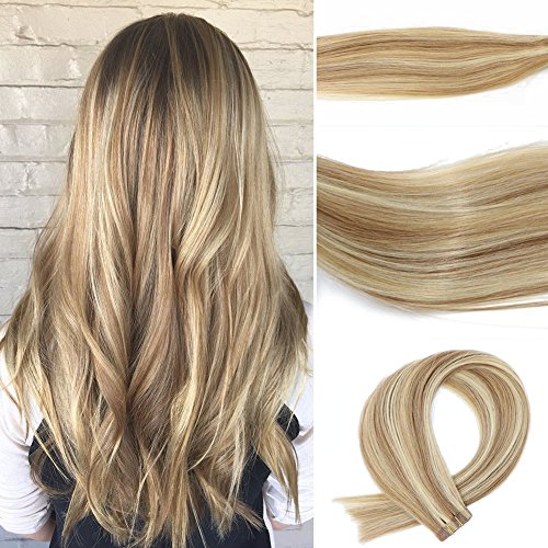 VARIO Tape In Hair Extensions Human hair 20pcs/50g Per Set #12P613 Golden Brown Highlighted Blonde Piano Color Skin Weft Remy Silk Straight Hair Glue in Extensions Human Hair 20 Inch