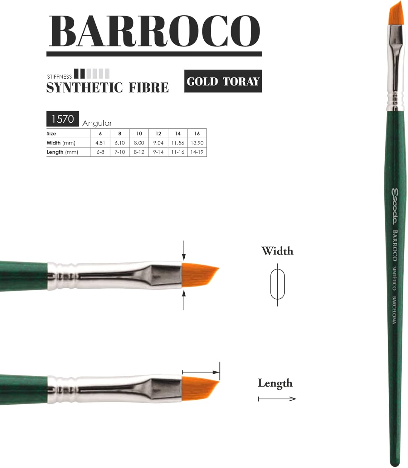 Escoda Barroco Series 1570 Artist Watercolor & Acrylic Paint Brush, Synthetic Gold Taklon Filament, Angle, Size 16