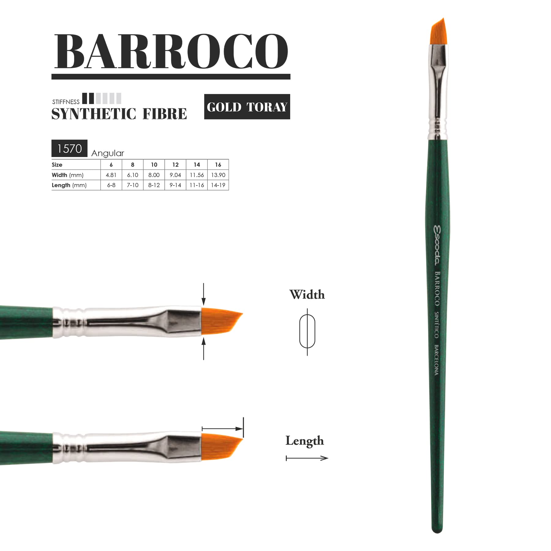 Escoda Barroco Serie 1570 Artist Watercolor & Acrilico, Filamento Taklon Oro Sintetico, Angolo, Misura 10