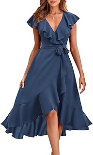 Women's 2025 Summer Cross Midi Dress Casual Boho Deep V Neck Short Sleeve Ruffle Hem Split Beach Long Dresses