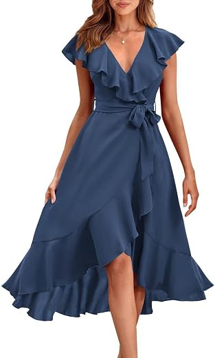 PRETTYGARDEN Women's 2023 Summer Wrap Maxi Dress Casual Boho Deep V Neck Short Sleeve Ruffle Hem Split Beach Long Dresses