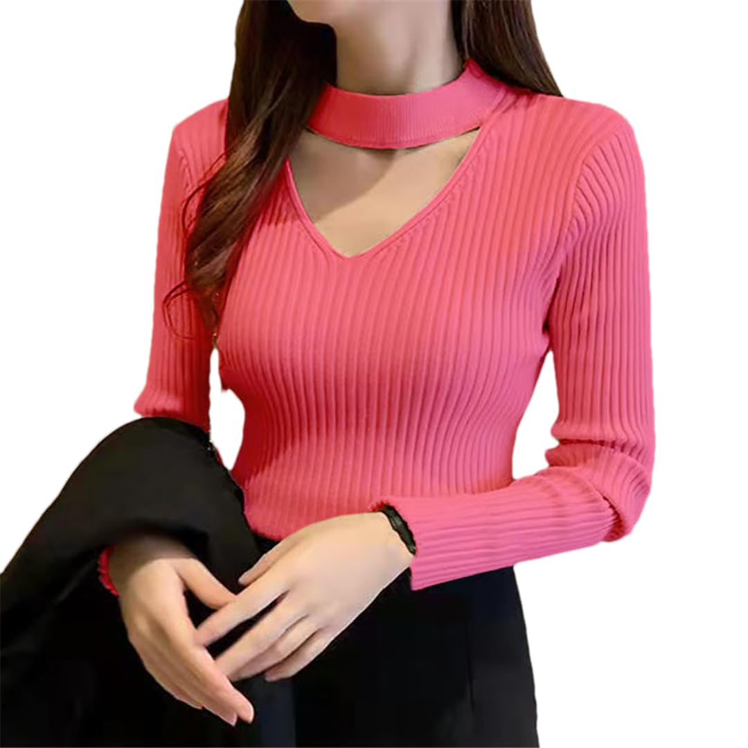 Rfmfkkg Damskie swetry z okrągłym dekoltem, rozciągliwy, seksowny pulower Hollow Solid Color Sweter, wąski sweter koszulowy