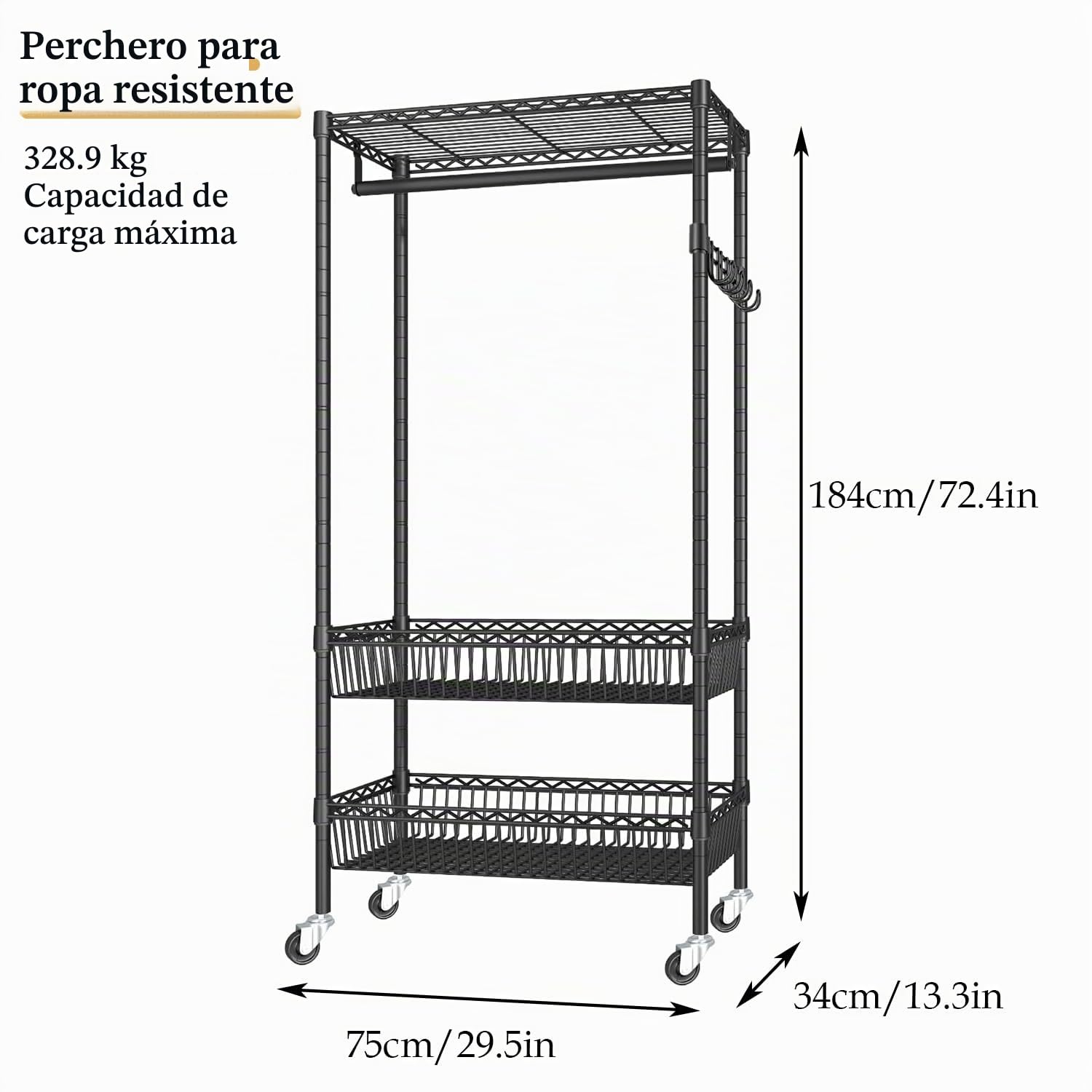 Perchero Burro de 3 Niveles con Barra y 2 Cestas Metálicas | Con Ruedas, Gran Capacidad, Negro, 75 × 34 × 184 cm