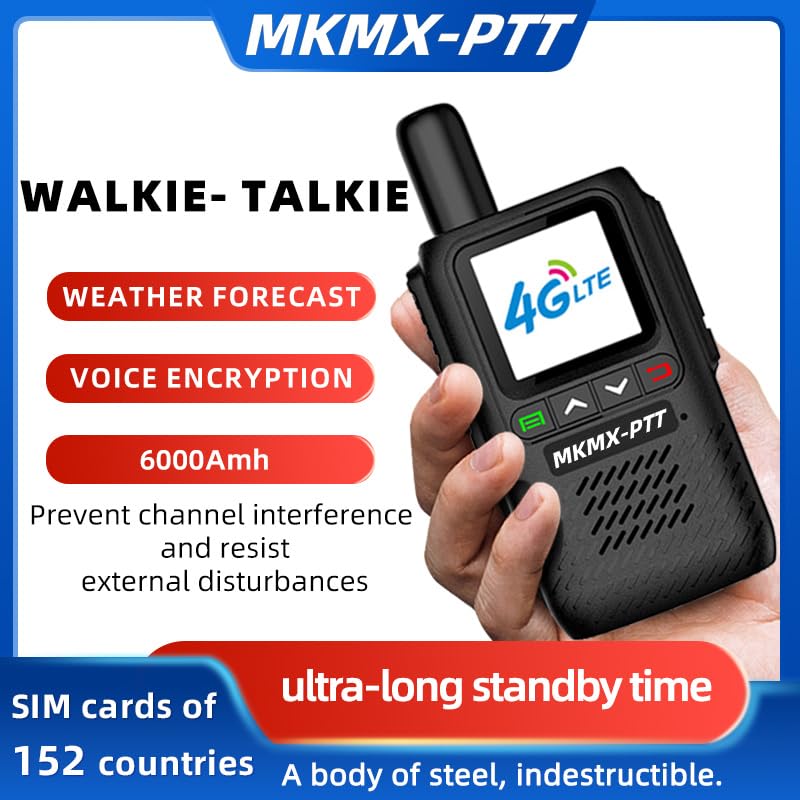 MKMX-PTT Walkie Talkie 4G LTE Szyfrowanie Głosu 6000mAh Kompatybilny z Kartami SIM 152 Krajów Prognoza Pogody Wysokiej Jakości Dźwięk Czarny (1)