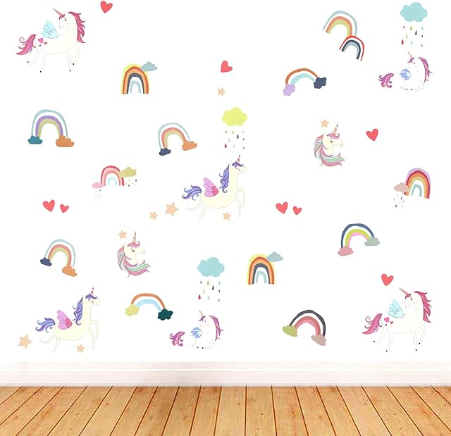 HOWAF 60pcs Unicorn Wall Sticker Removable Vinyl Peel and Stick Wall Decal Mural DIY Home Windows Wall Decoration for Nursery Kids Baby Girls Bedroom Living Room Wall Decor or Party Birthday Gift