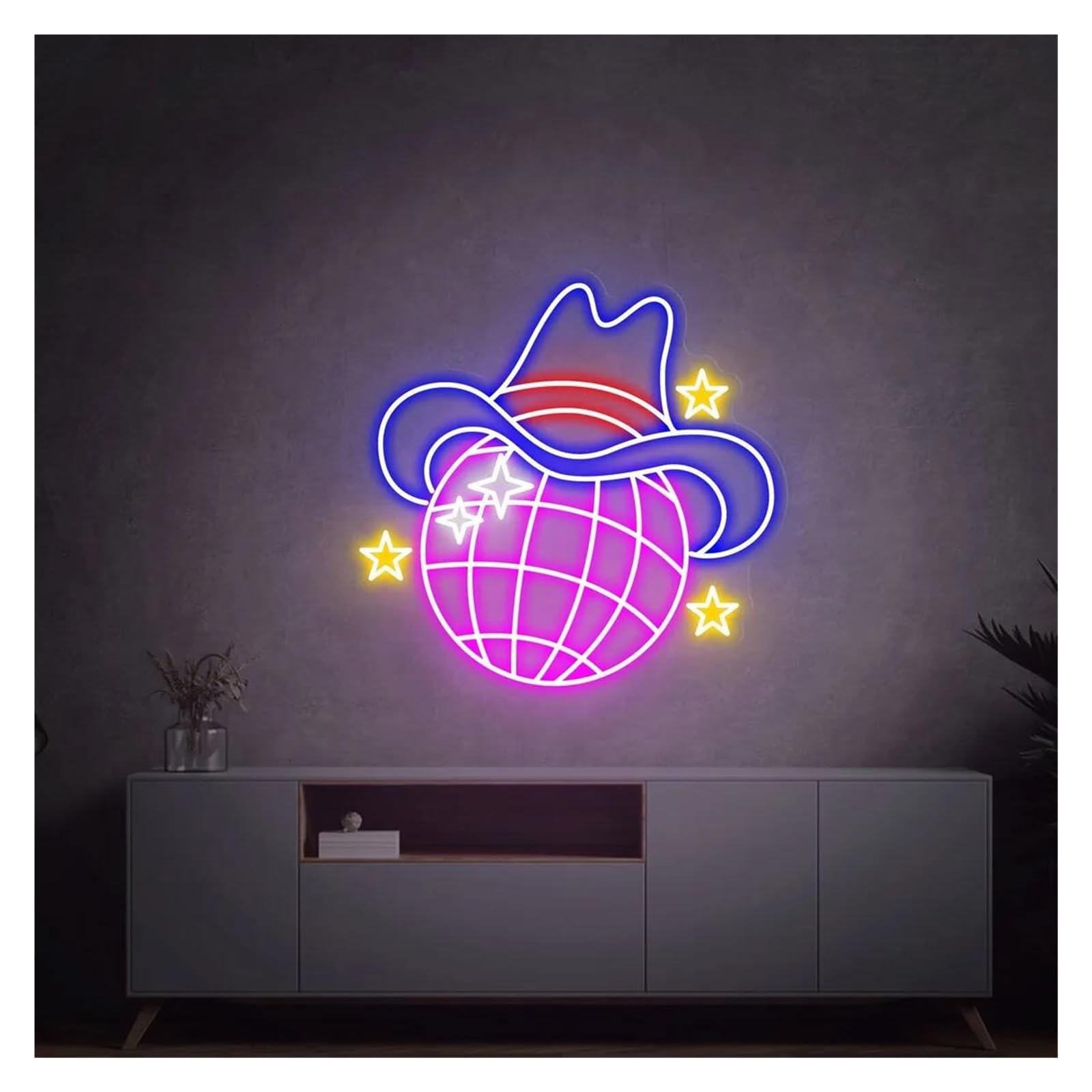 LEMST Signs Lamp Retro Disco Ball Neon Signs USB Powered, Adjustable Brightness Neon Lights Cowboy Hat Suitable for Shop Decor Commercial Light(G,50cmx50cm)