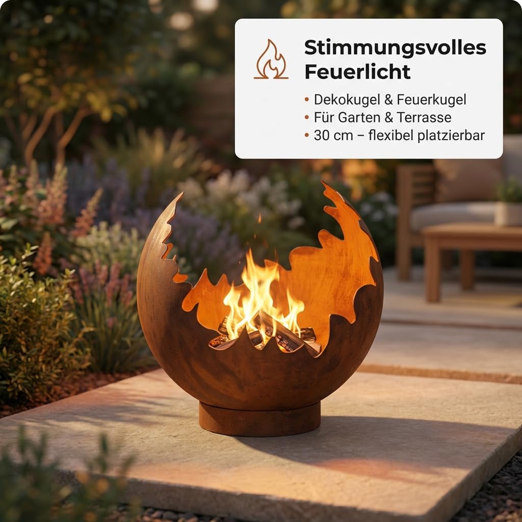 Boule de feu classique ouverte - Décoration de jardin et sculpture en métal patiné - 30 x 30 x 30 cm - Pour une ambiance chaleureuse dans le jardin