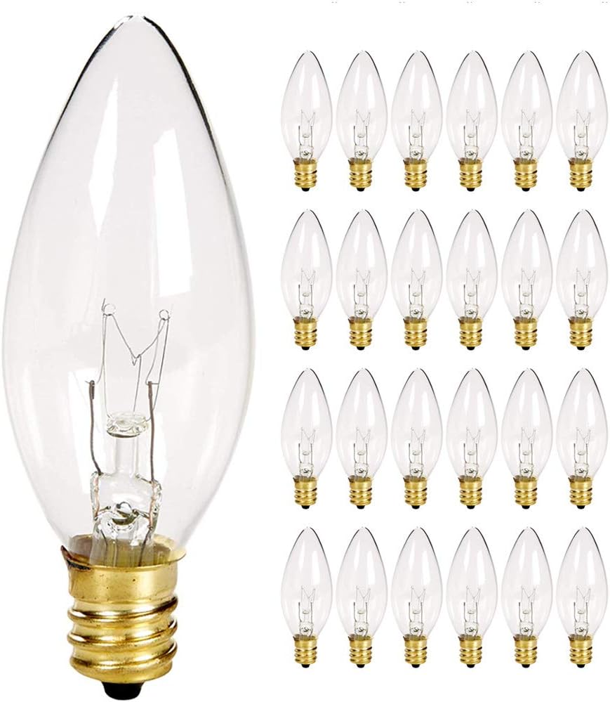 25 Pack Clear Torpedo Tip Replacement Bulbs, Replacement Light Bulbs for Electric Candle Lamps, Window Candles, Chandeliers- Clear Incandescent E12 Candelabra Base Light Bulbs- 120V 7 Watts Bulbs