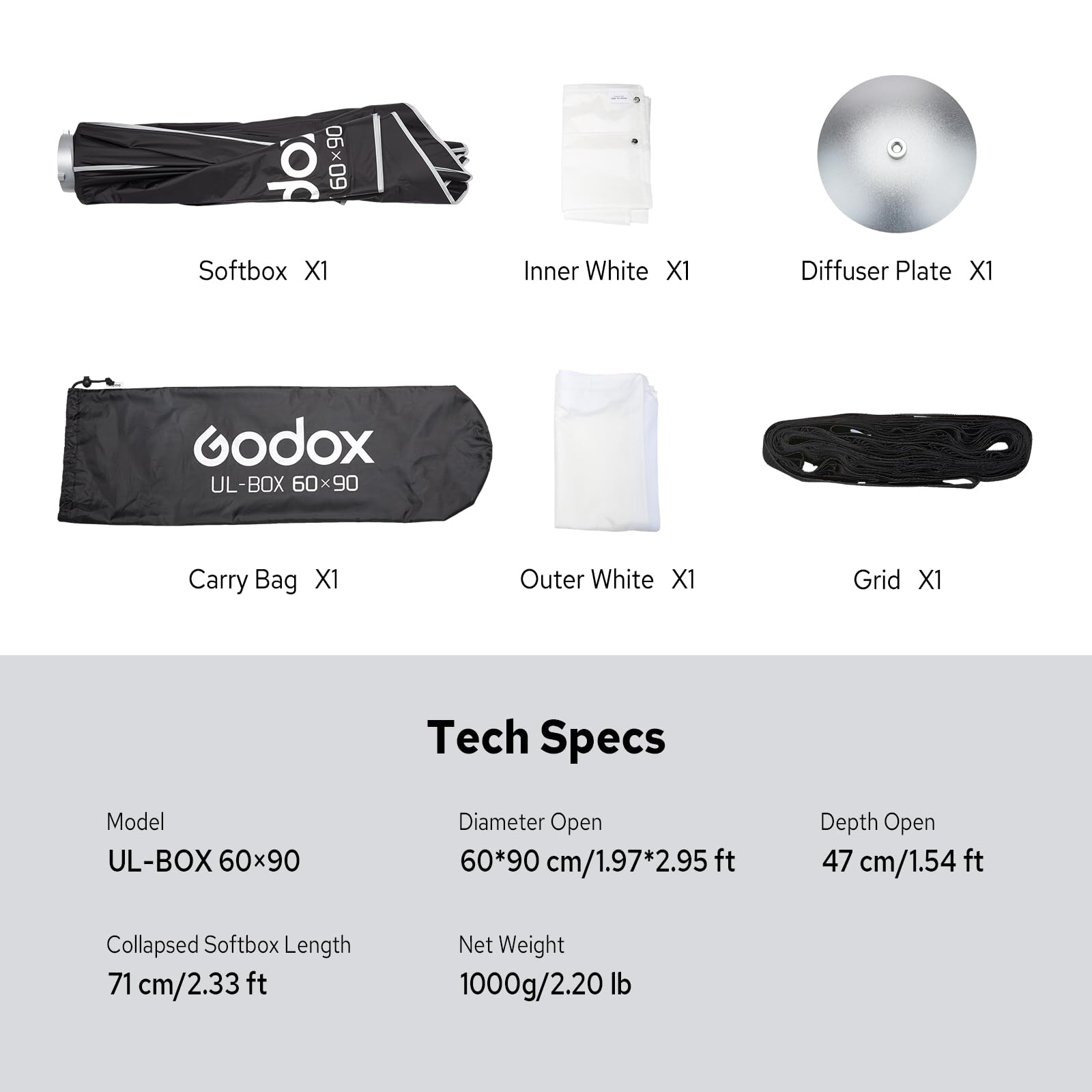 Godox UL-Box Quick Release Umbrella Softbox with Bowens Mount,Grid for Photography,Studio Photo MS200V MS300V SK400II (60x90cm)