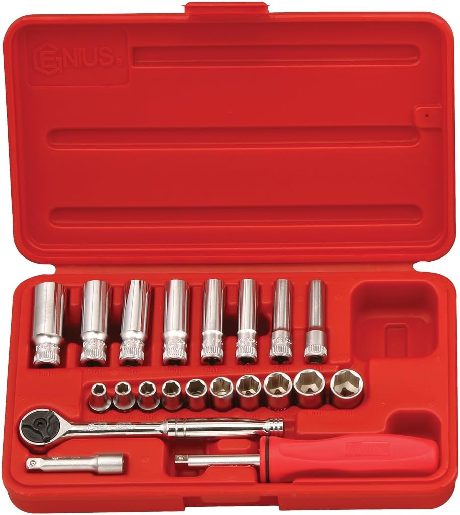 Genius Tools 21 Piece 1/4" Dr. Metric Deep Hand Socket Set GS-221M