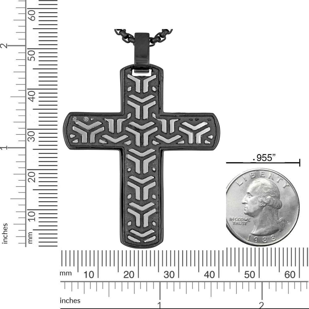 Metro Jewelry Contemporary Pattern Cross Pendant Necklace for Men in Stainless Steel with Black Ion Plating on 24 Inches Long Box Chain - Image 5