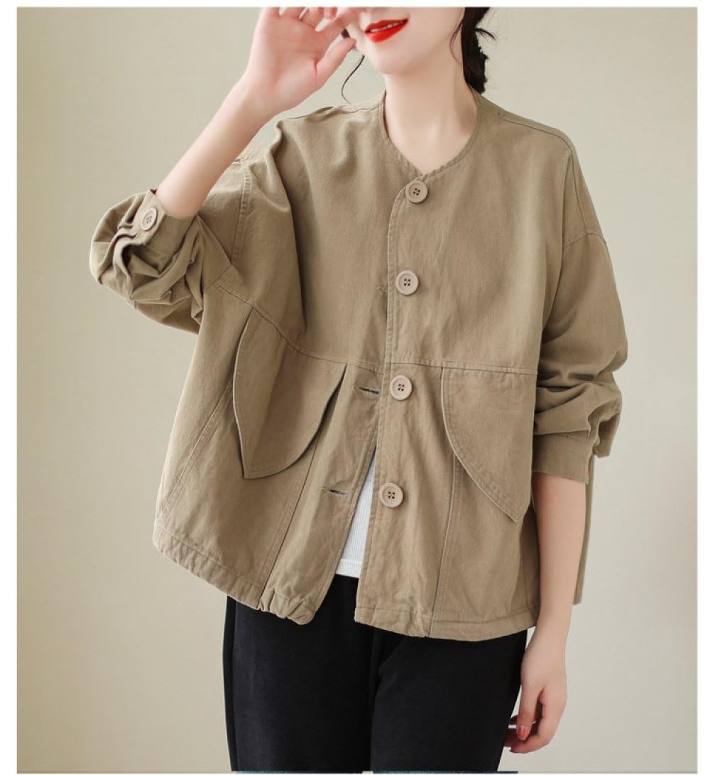 Leichte Damenjacke Aus Baumwolle Mit Rundhalsausschnitt,Strickjacke Mit Retro Kahki Knöpfen,Übergangsjacke,Mantel,Frühling Und Herbst,Lässige,Lockere Utility Jacke Mit Tasche