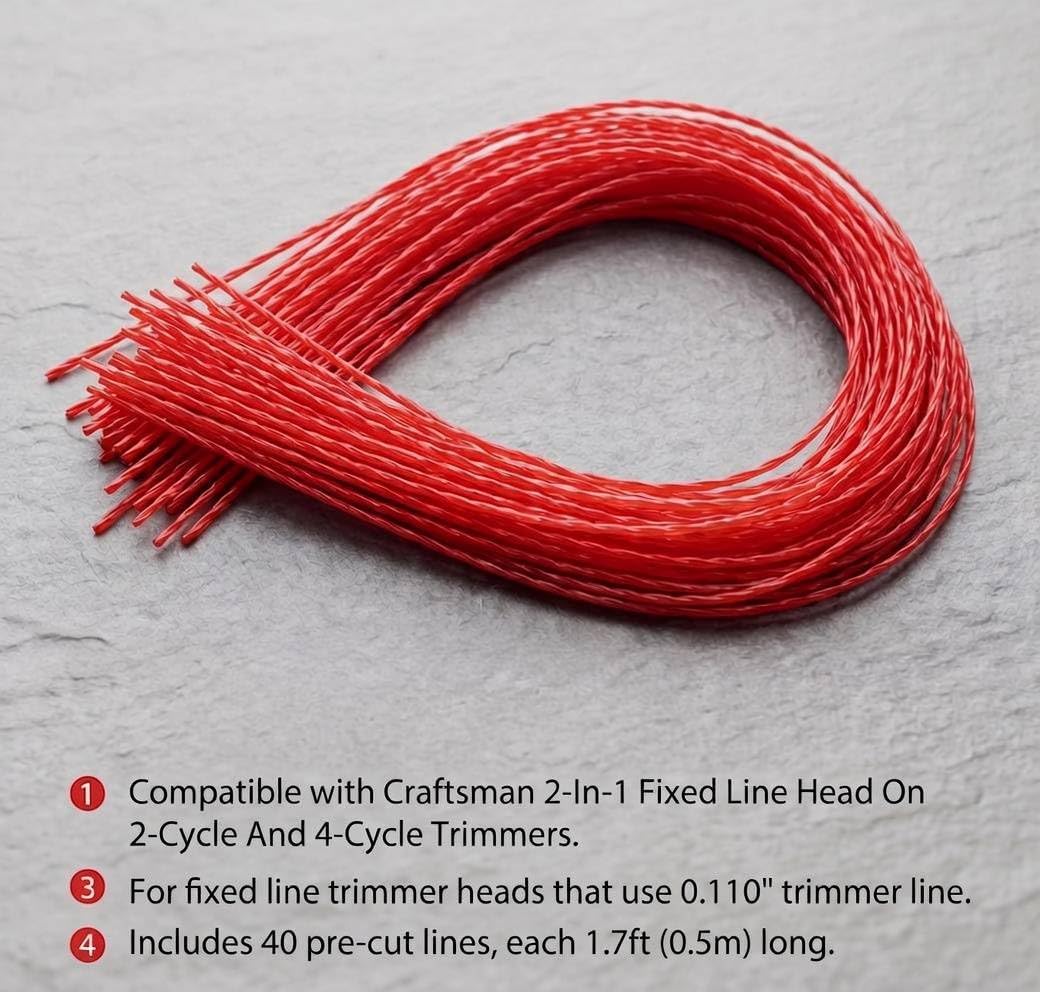 40-Pack 0.11" Pre-Cut Trimmer Line, 1.7ft (20.4") Spiral Weed Wacker String, Heavy Duty Replacement Line Compatible with Craftsman 2-n-1 Fixed Line Head 2/4-Cycle Trimmers, Replaces CMXGZAMAPCTL