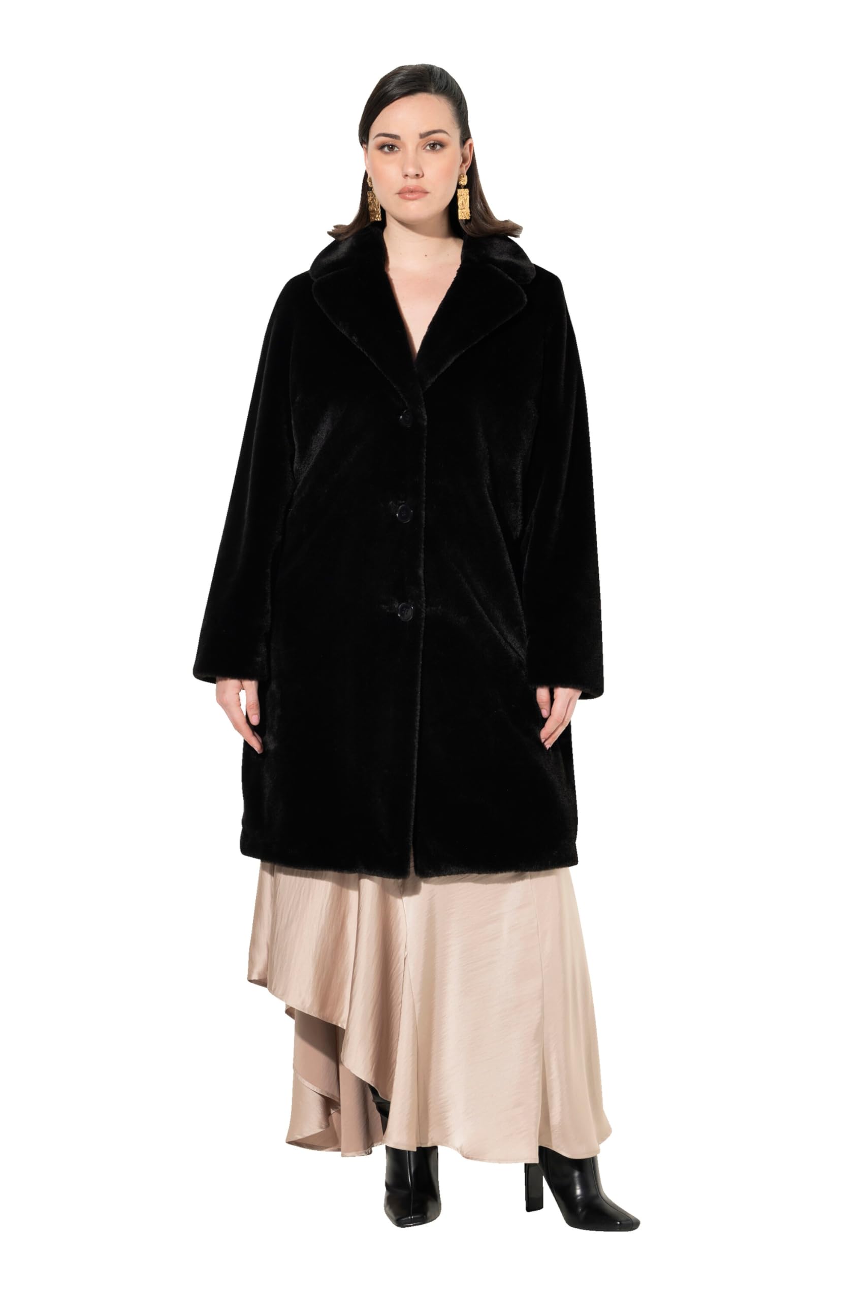 Ulla Popken Women's Black Wear Plus Size Curvy Faux Fur Lapel Collar Coat 42+ 830620100-42+