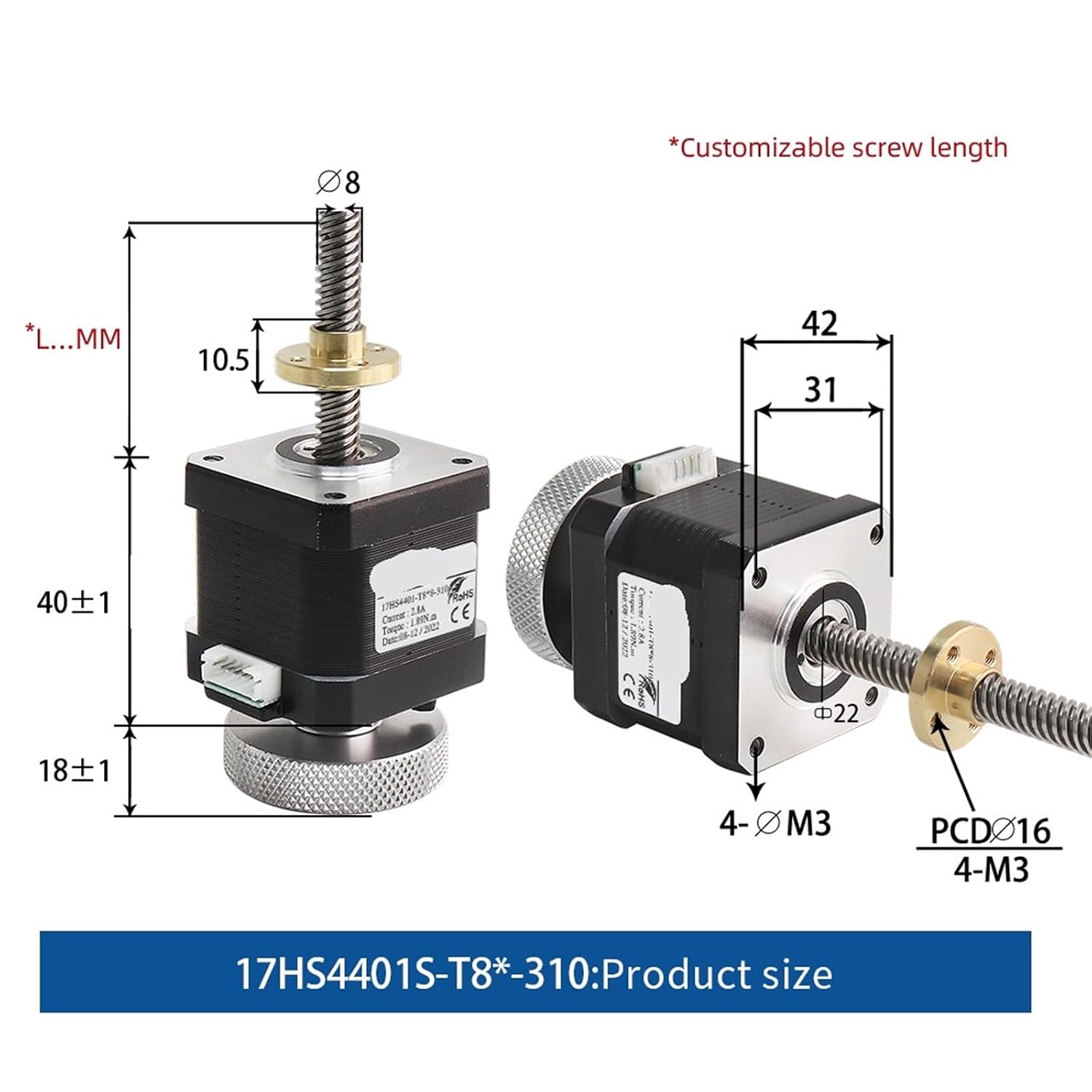 Nema17 Stepper Motor 1.5A 40N.CM 17HS4401S-T8*8 350mm 4 Leads Axis with Trapezoidal Screw for milling Machine(310MM)