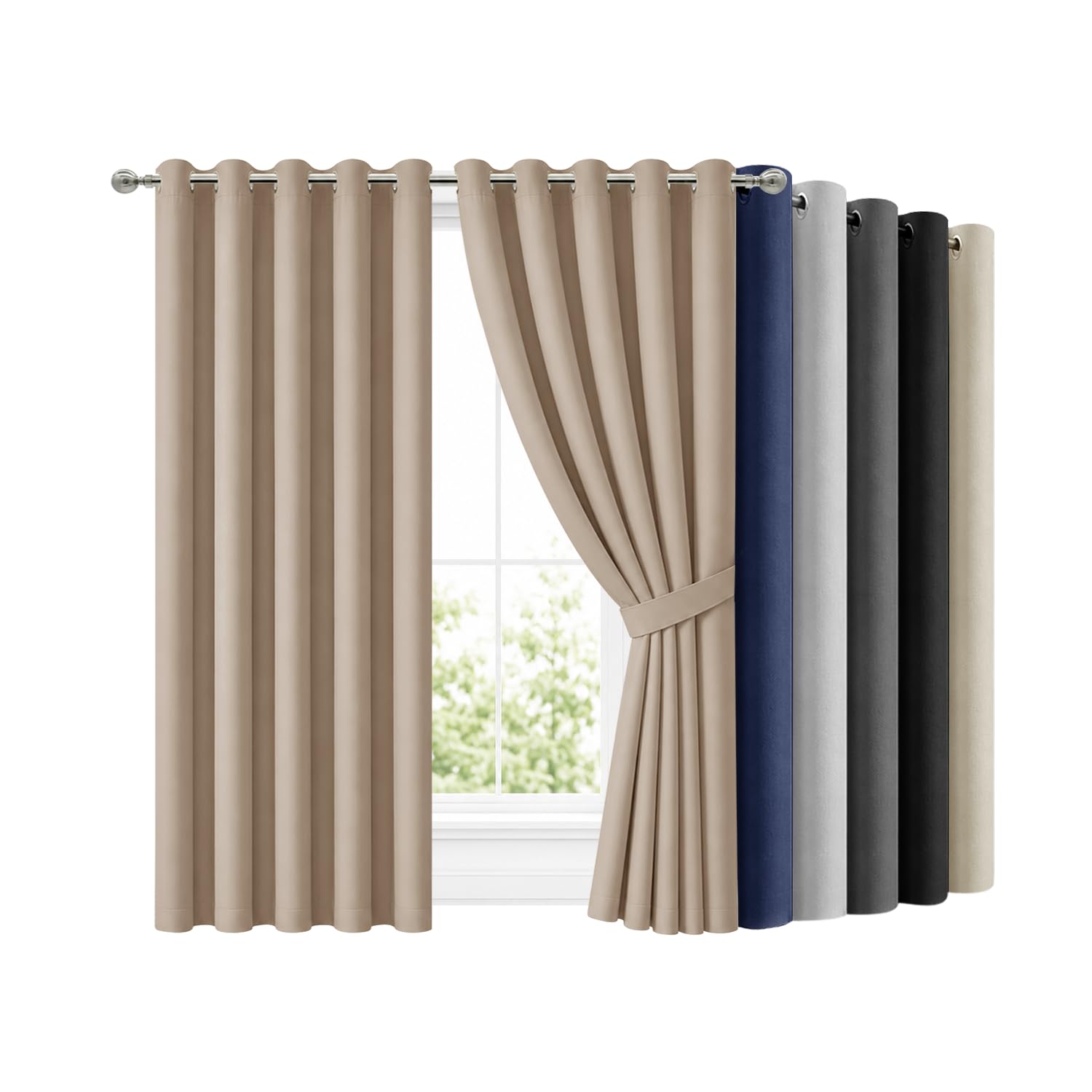 Hafaa Blackout Eyelet Curtains for Bedroom 66x72 Inch Beige Super Soft Thermal Curtains for Living Room 2 Panels Curtain and Drapes with Matching Tiebacks